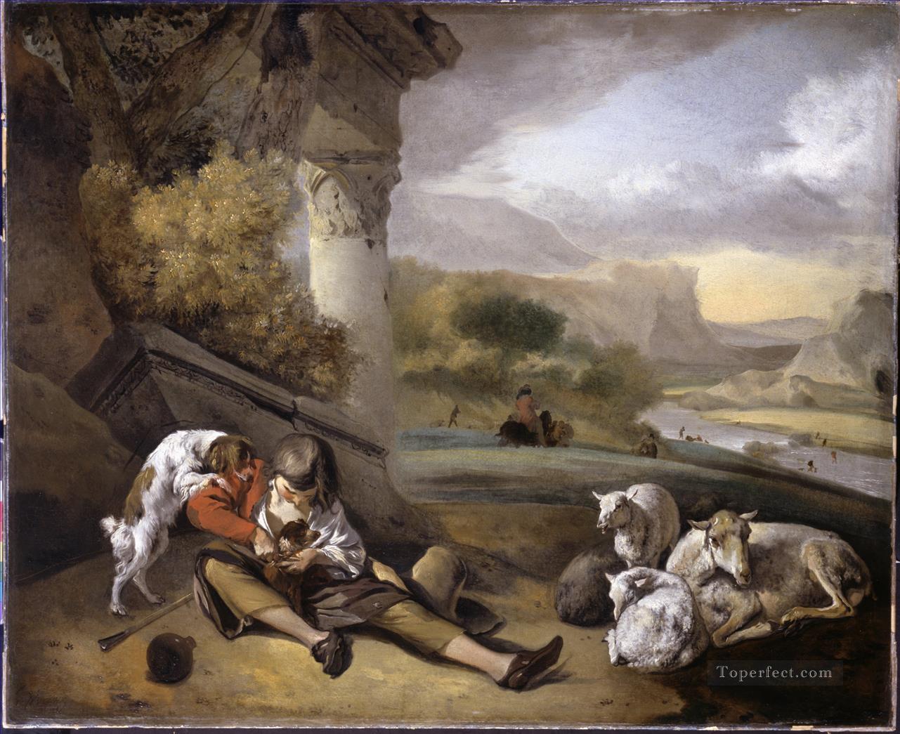 ウィーニックス・ジャンの羊飼いの少年のある風景油絵